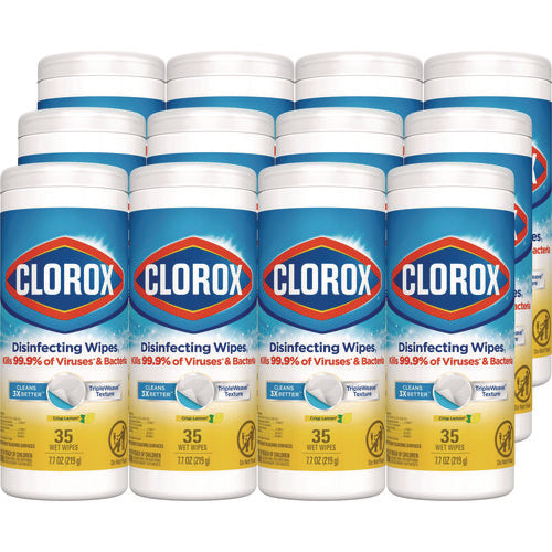 Image of Clorox® Disinfecting Wipes, Bleach Free Cleaning Wipes, 1-Ply, 7 x 8, Crisp Lemon, White, 35/Canister, 12 Canisters/Carton