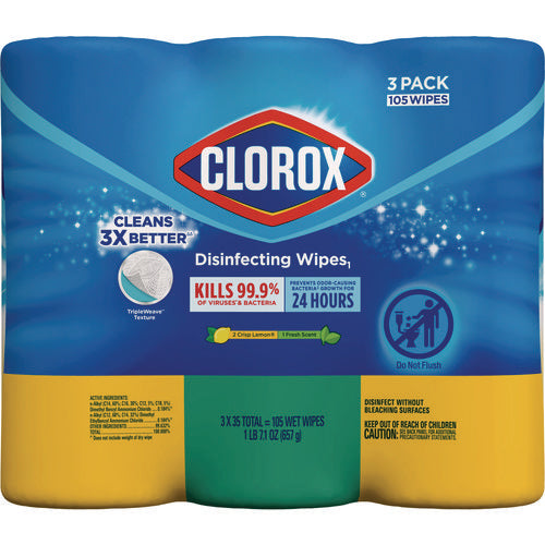 Image of Clorox® Disinfecting Wipes, 1-Ply, 7 x 8, Fresh Scent/Citrus Blend, White, 35/Canister, 3 Canisters/Pack