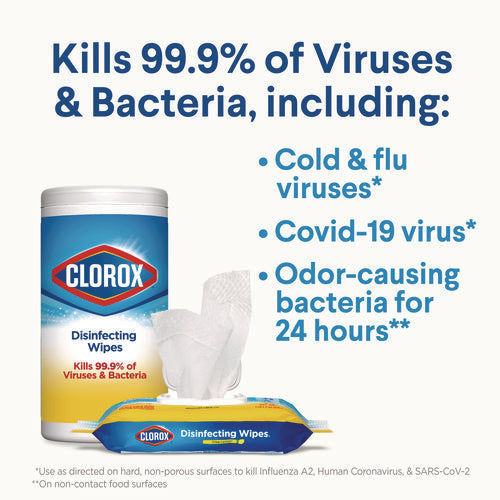 Image of Clorox® Disinfecting Wipes, 1-Ply, 7 x 8, Fresh Scent/Citrus Blend, White, 35/Canister, 3 Canisters/Pack