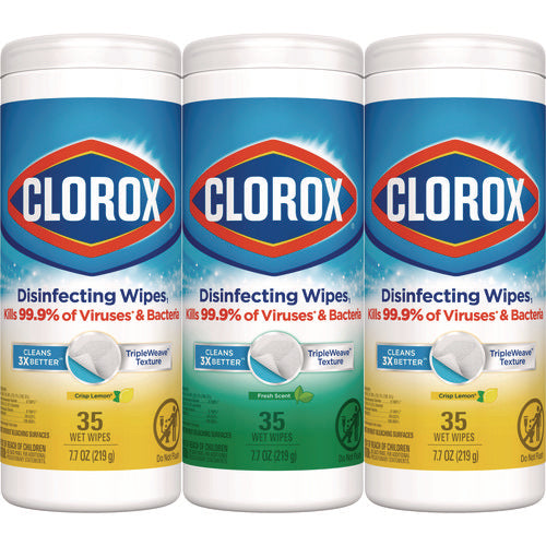 Image of Clorox® Disinfecting Wipes, 1-Ply, 7 x 8, Fresh Scent/Citrus Blend, White, 35/Canister, 3 Canisters/Pack