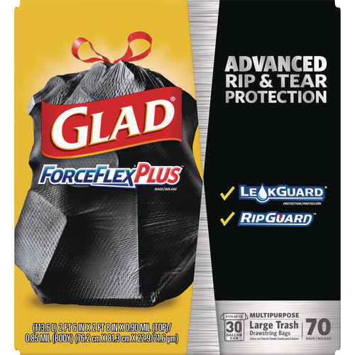 Image of Glad® Forceflexplus Drawstring Large Trash Bags, 30 Gal, 1.05 Mil, 30" X 32", Black, 70/box