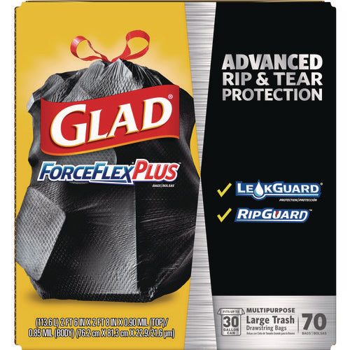 Image of Glad® Forceflexplus Drawstring Large Trash Bags, 30 Gal, 1.05 Mil, 30" X 32", Black, 70/box