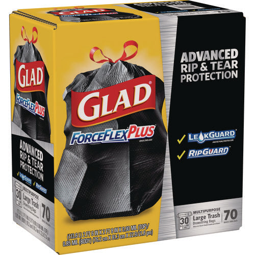 Image of Glad® Forceflexplus Drawstring Large Trash Bags, 30 Gal, 1.05 Mil, 30" X 32", Black, 70/box