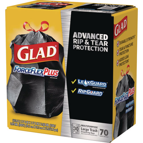 Image of Glad® Forceflexplus Drawstring Large Trash Bags, 30 Gal, 1.05 Mil, 30" X 32", Black, 70/box