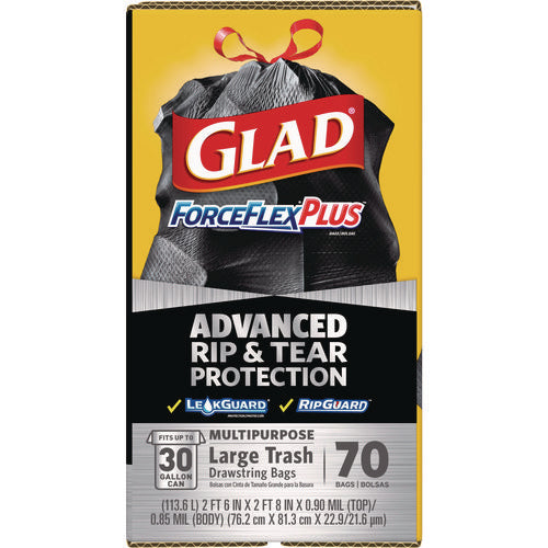 Image of Glad® Forceflexplus Drawstring Large Trash Bags, 30 Gal, 1.05 Mil, 30" X 32", Black, 70/box