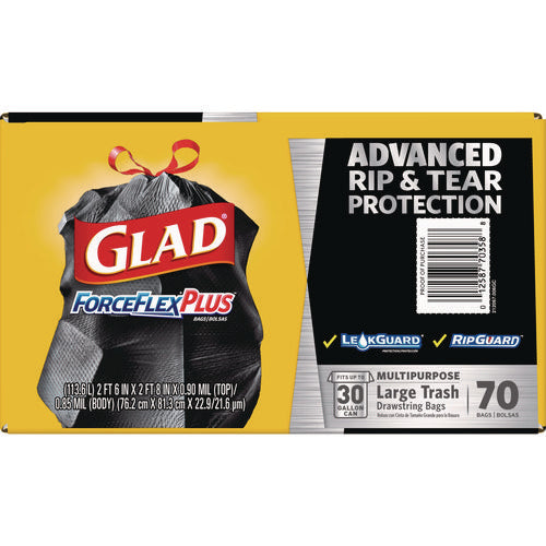Image of Glad® Forceflexplus Drawstring Large Trash Bags, 30 Gal, 1.05 Mil, 30" X 32", Black, 70/box