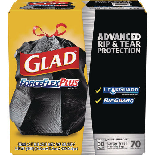 Image of Glad® Forceflexplus Drawstring Large Trash Bags, 30 Gal, 1.05 Mil, 30" X 32", Black, 70/box