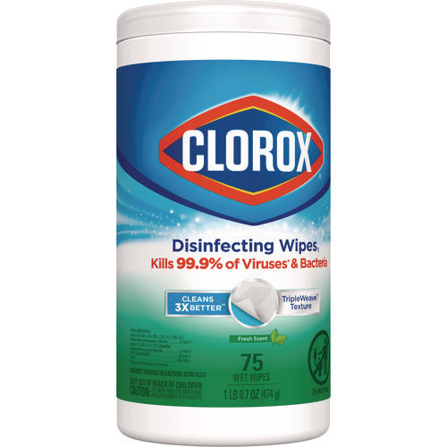 Image of Clorox® Disinfecting Wipes, Bleach Free Cleaning Wipes, 1-Ply, 7 x 8, Fresh Scent, White, 75/Canister, 6 Canisters/Carton