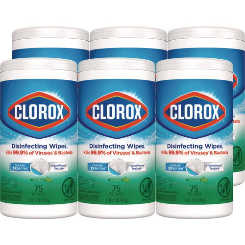 Image of Clorox® Disinfecting Wipes, Bleach Free Cleaning Wipes, 1-Ply, 7 x 8, Fresh Scent, White, 75/Canister, 6 Canisters/Carton