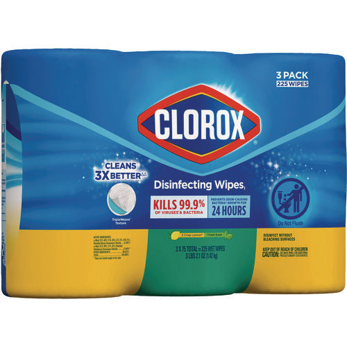 Image of Clorox® Disinfecting Wipes, Bleach Free Cleaning Wipes, 1-Ply, 7 x 8, Fresh Scent/Citrus Blend, White, 75/Canister, 3/Pack, 4/Carton