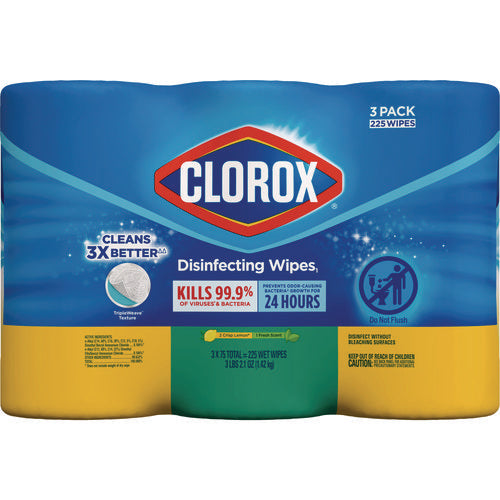 Image of Clorox® Disinfecting Wipes, Bleach Free Cleaning Wipes, 1-Ply, 7 x 8, Fresh Scent/Citrus Blend, White, 75/Canister, 3/Pack, 4/Carton