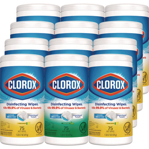 Image of Clorox® Disinfecting Wipes, Bleach Free Cleaning Wipes, 1-Ply, 7 x 8, Fresh Scent/Citrus Blend, White, 75/Canister, 3/Pack, 4/Carton