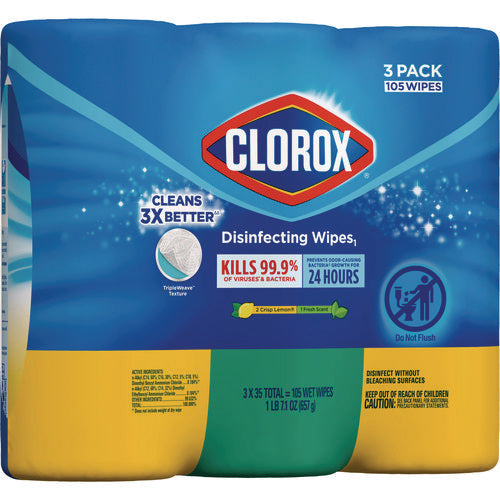 Image of Clorox® Disinfecting Wipes, 1-Ply, 7 x 8, Fresh Scent/Citrus Blend, White, 35/Canister, 3 Canisters/Pack