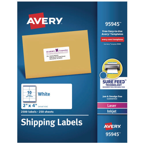Image of Avery® White Shipping Labels-Bulk Packs, Inkjet/laser Printers, 2 X 4, White, 10/sheet, 250 Sheets/box