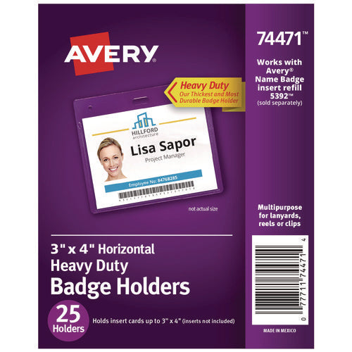 Image of Avery® Secure Top Heavy-Duty Badge Holders, Horizontal, 4w X 3h, Clear, 25/pack