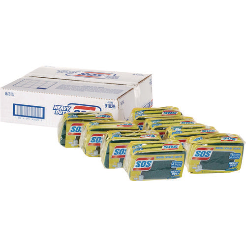 Image of S.O.S.® Heavy Duty Scrubber Sponge, 2.5 x 4.5, 0.9" Thick, Yellow/Green, 3/Pack, 8 Packs/Carton