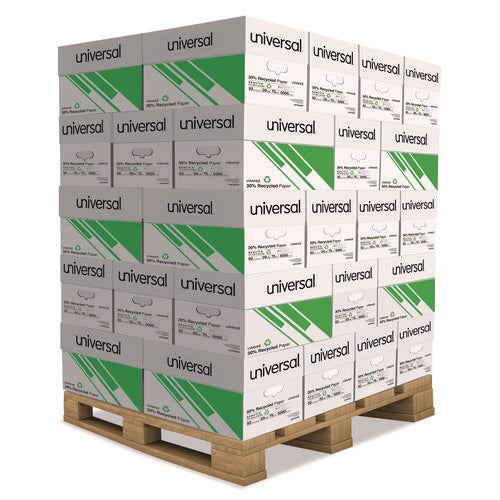 Image of Universal® 30% Recycled Copy Paper, 92 Bright, 20 lb Bond Weight, 8.5 x 11, White, 500 Sheets/Ream, 10 Reams/Carton, 40 Cartons/Pallet