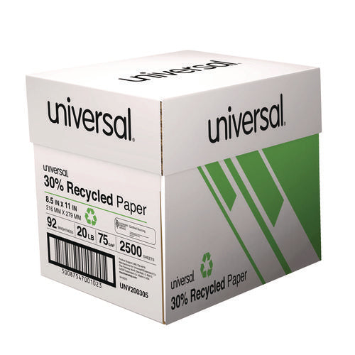 Image of Universal® 30% Recycled Copy Paper, 92 Bright, 20 lb Bond Weight, 8.5 x 11, White, 500 Sheets/Ream, 5 Reams/Carton