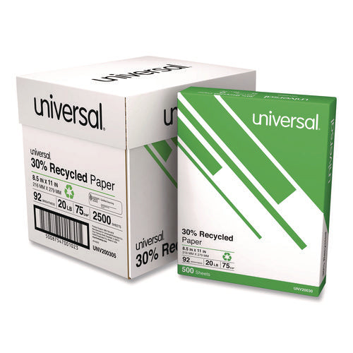 Image of Universal® 30% Recycled Copy Paper, 92 Bright, 20 lb Bond Weight, 8.5 x 11, White, 500 Sheets/Ream, 5 Reams/Carton