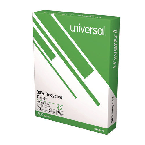 Image of Universal® 30% Recycled Copy Paper, 92 Bright, 20 lb Bond Weight, 8.5 x 11, White, 500 Sheets/Ream, 10 Reams/Carton