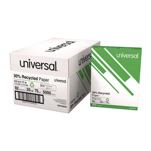 Image of Universal® 30% Recycled Copy Paper, 92 Bright, 20 lb Bond Weight, 8.5 x 11, White, 500 Sheets/Ream, 10 Reams/Carton
