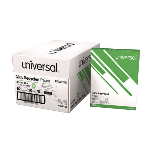 Image of Universal® 30% Recycled Copy Paper, 92 Bright, 20 lb Bond Weight, 8.5 x 11, White, 500 Sheets/Ream, 10 Reams/Carton, 40 Cartons/Pallet