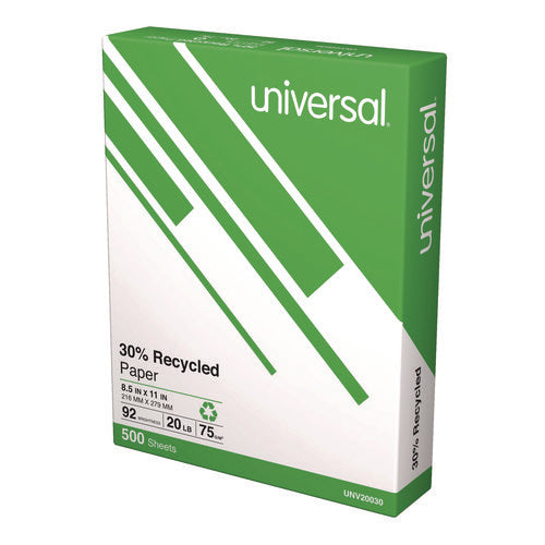 Image of Universal® 30% Recycled Copy Paper, 92 Bright, 20 lb Bond Weight, 8.5 x 11, White, 500 Sheets/Ream, 10 Reams/Carton, 40 Cartons/Pallet
