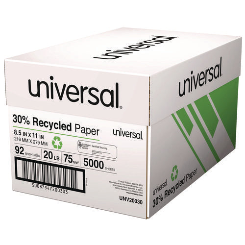 Image of Universal® 30% Recycled Copy Paper, 92 Bright, 20 lb Bond Weight, 8.5 x 11, White, 500 Sheets/Ream, 10 Reams/Carton, 40 Cartons/Pallet