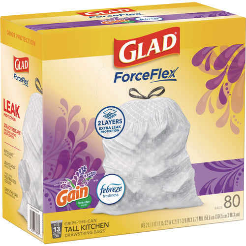 Image of Glad® ForceFlex Kitchen Drawstring Trash Bags, 13 gal, Gain Lavender with Febreze Freshness, 24 x 27.38, White, 80/Box