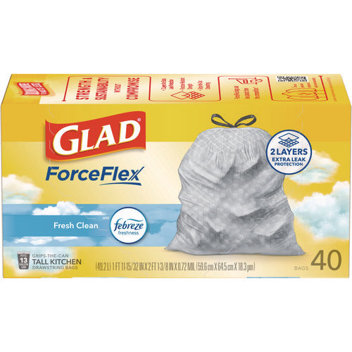 Image of Glad® ForceFlex Kitchen Drawstring Trash Bags, 13 gal, Gain Fresh Clean Scent, 24 x 27.38, White, 40 Bags/Box, 6 Boxes/Carton