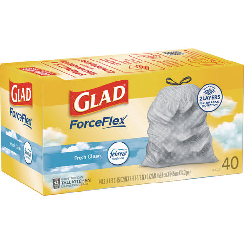 Image of Glad® ForceFlex Kitchen Drawstring Trash Bags, 13 gal, Gain Fresh Clean Scent, 24 x 27.38, White, 40 Bags/Box, 6 Boxes/Carton