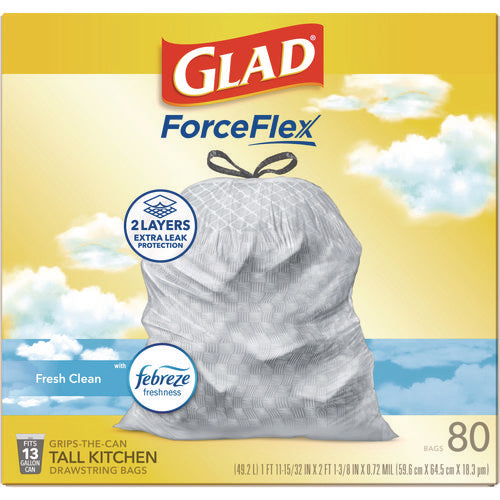 Image of Glad® ForceFlex Kitchen Drawstring Trash Bags, 13 gal, Fresh Clean Scent, 24" x 27.38", White, 80 Bags/Box, 3 Boxes/Carton