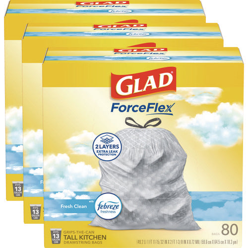 Image of Glad® ForceFlex Kitchen Drawstring Trash Bags, 13 gal, Fresh Clean Scent, 24" x 27.38", White, 80 Bags/Box, 3 Boxes/Carton
