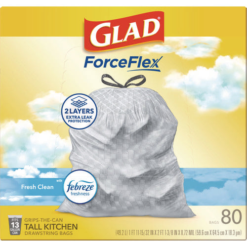 Image of Glad® ForceFlex Kitchen Drawstring Trash Bags, 13 gal, Gain Fresh Clean Scent, 24 x 27.38, White, 80/Box