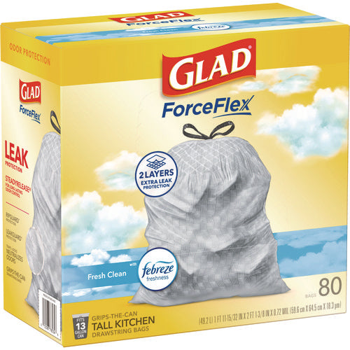 Image of Glad® ForceFlex Kitchen Drawstring Trash Bags, 13 gal, Gain Fresh Clean Scent, 24 x 27.38, White, 80/Box