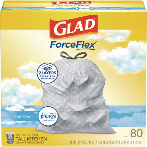 Image of Glad® ForceFlex Kitchen Drawstring Trash Bags, 13 gal, Gain Fresh Clean Scent, 24 x 27.38, White, 80/Box