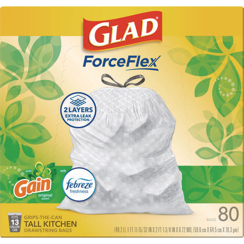 Image of Glad® ForceFlex Kitchen Drawstring Trash Bags, 13 gal, Gain Original Scent, 24" x 27.38", White, 80 Bags/Box, 3 Boxes/Carton