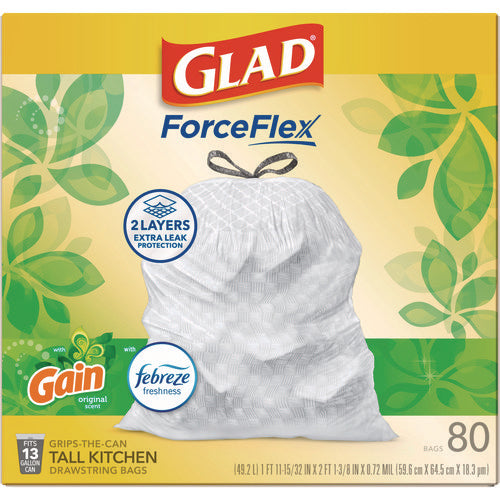 Image of Glad® ForceFlex Kitchen Drawstring Trash Bags, 13 gal, Gain Original Scent, 24" x 27.38", White, 80 Bags/Box, 3 Boxes/Carton