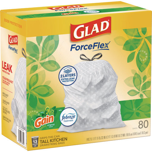 Image of Glad® ForceFlex Kitchen Drawstring Trash Bags, 13 gal, Gain Original Scent, 24" x 27.38", White, 80 Bags/Box, 3 Boxes/Carton