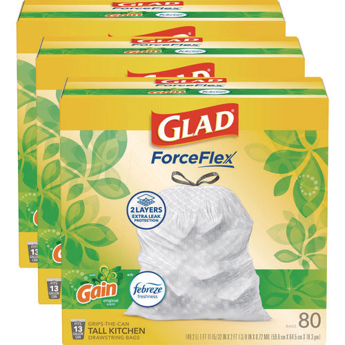 Image of Glad® ForceFlex Kitchen Drawstring Trash Bags, 13 gal, Gain Original Scent, 24" x 27.38", White, 80 Bags/Box, 3 Boxes/Carton