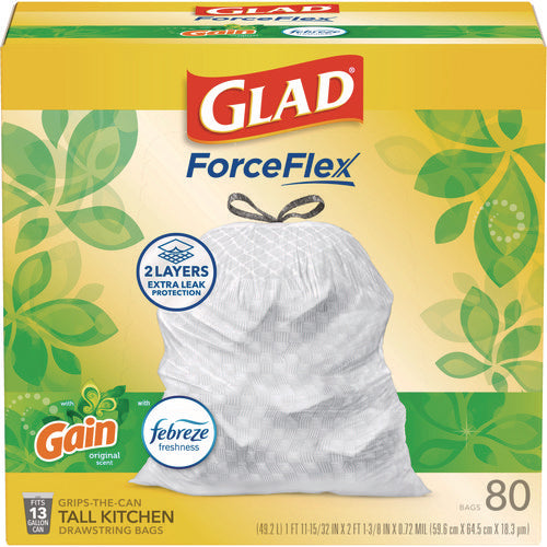 Image of Glad® ForceFlex Kitchen Drawstring Trash Bags, 13 gal, Gain Original Scent, 24 x 27.38, White, 80/Box