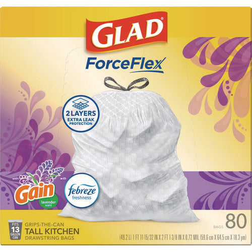Image of Glad® ForceFlex Kitchen Drawstring Trash Bags, 13 gal, Gain Lavender Scent, 24 x 27.38, White, 80 Bags/Box, 3 Boxes/Carton