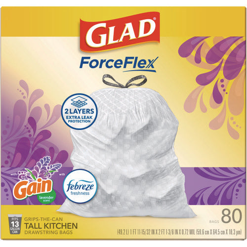 Image of Glad® ForceFlex Kitchen Drawstring Trash Bags, 13 gal, Gain Lavender Scent, 24 x 27.38, White, 80 Bags/Box, 3 Boxes/Carton