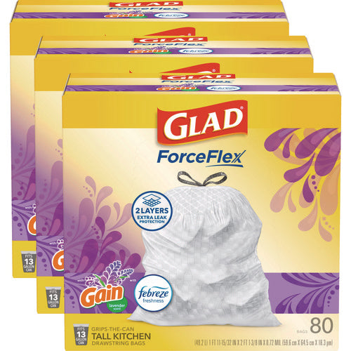 Image of Glad® ForceFlex Kitchen Drawstring Trash Bags, 13 gal, Gain Lavender Scent, 24 x 27.38, White, 80 Bags/Box, 3 Boxes/Carton
