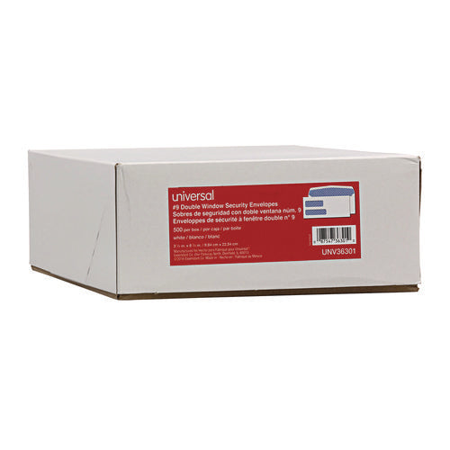 Image of Universal® Double Window Business Envelope, #9, Commercial Flap, Gummed Closure, 3.88 x 8.88, White, 500/Box