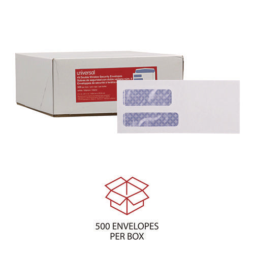 Image of Universal® Double Window Business Envelope, #9, Commercial Flap, Gummed Closure, 3.88 x 8.88, White, 500/Box