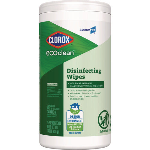 Image of Clorox® CloroxPro EcoClean Disinfecting Wipes, 1-Ply, 8 x 7, Unscented, White, 75 Count