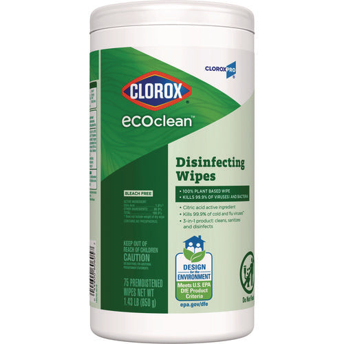 Image of Clorox® CloroxPro EcoClean Disinfecting Wipes, 1-Ply, 8 x 7, Unscented, White, 75 Count, 6/Carton