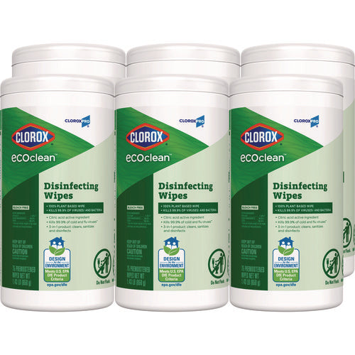 Image of Clorox® CloroxPro EcoClean Disinfecting Wipes, 1-Ply, 8 x 7, Unscented, White, 75 Count, 6/Carton