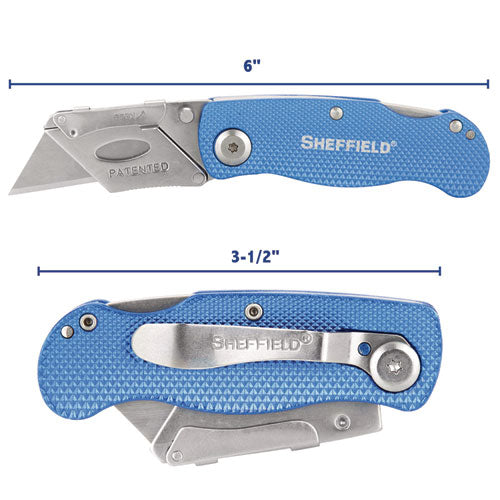 Image of Great Neck® Sheffield Folding Lockback Knife, 1 Utility Blade, 2" Blade, 3.5" Aluminum Handle, Blue